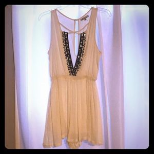 Off-White Romper with Navy Blue Embroider